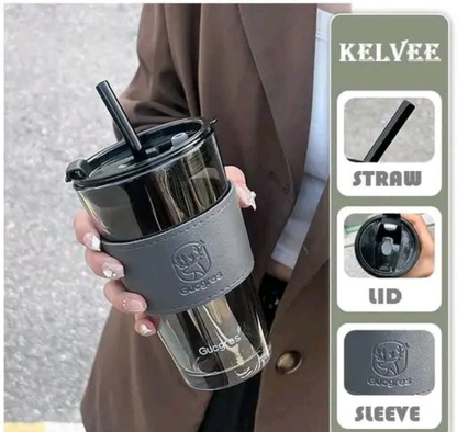 Glass Travel Sipper Tumbler Mug with Straw & Lid – 400ml | Stylish & Reusable ☕️🧊. | Material: glass 🍷